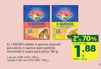 HiperDino EL CASERIO rallado 3 quesos especial para pizza, 4 quesos para gratinar, emmental o suave para pizza oferta