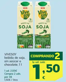 HiperDino VIVESOY bebida de soja, sin azúcar o chocolate, oferta