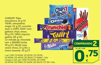 HiperDino CADBURY flake chocolatina TWIRL chocolatina single, cruncie stick o CHIPS AHOY mini galletas chips choco OREO impulso galleta oferta