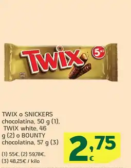 HiperDino TWIX O SNICKERS chocolatina TWIX white, o BOUNTY chocolatina oferta