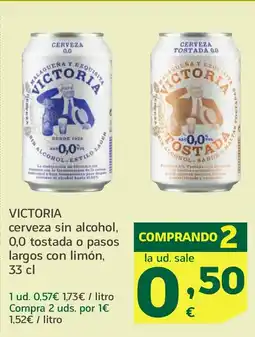 HiperDino VICTORIA cerveza sin alcohol, 0,0 tostada o pasos largos con limón oferta