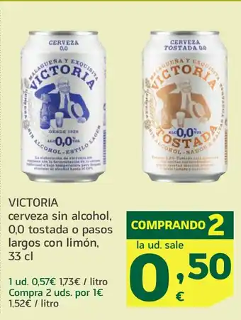 HiperDino VICTORIA cerveza sin alcohol, 0,0 tostada o pasos largos con limón oferta