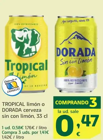 HiperDino TROPICAL limón o DORADA cerveza sin con limón oferta