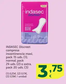 HiperDino INDASEC Discreet compresa incontinencia maxi, normal o extra, oferta