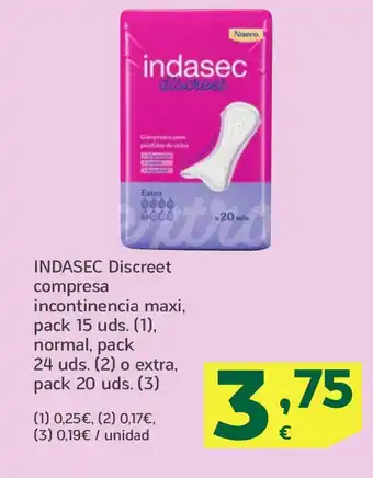 HiperDino INDASEC Discreet compresa incontinencia maxi, normal o extra, oferta