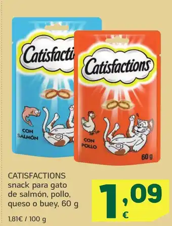 HiperDino CATISFACTIONS snack para gato de salmón, pollo, queso o buey oferta