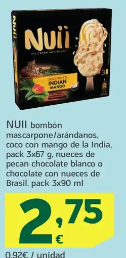HiperDino NUII bombón mascarpone/arándanos, coco con mango de la India nueces de pecan chocolate blanco o chocolate con nueces de Brasi oferta