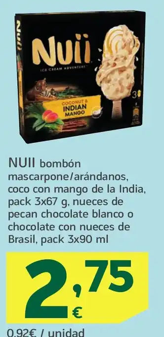 HiperDino NUII bombón mascarpone/arándanos, coco con mango de la India nueces de pecan chocolate blanco o chocolate con nueces de Brasi oferta
