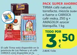HiperDino TIRMA/ CARIOCA /AMAGOLDI café natural, torrefacto, mezcla suave o fuerte o café moka,+ azúcar blanquilla oferta