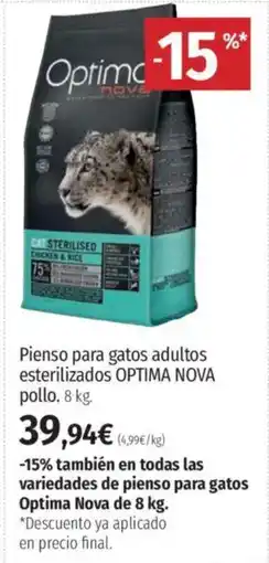 El Corte Inglés OPTIMA NOVA Pienso para gatos adultos esterilizados pollo oferta