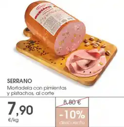 Supermercados Plaza SERRANO Mortadela con pimientas y pistachos oferta