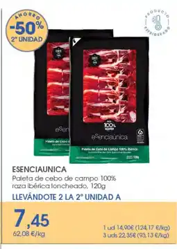 Supermercados Plaza ESENCIAUNICA Paleta de cebo de campo 100% raza ibérica loncheado oferta
