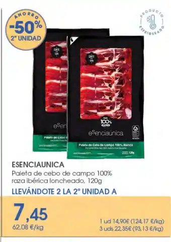 Supermercados Plaza ESENCIAUNICA Paleta de cebo de campo 100% raza ibérica loncheado oferta