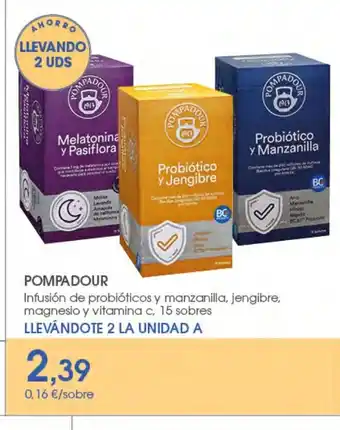 Supermercados Plaza POMPADOUR Infusión de probióticos y manzanilla, jengibre, magnesio y vitamina c, 15 sobres oferta