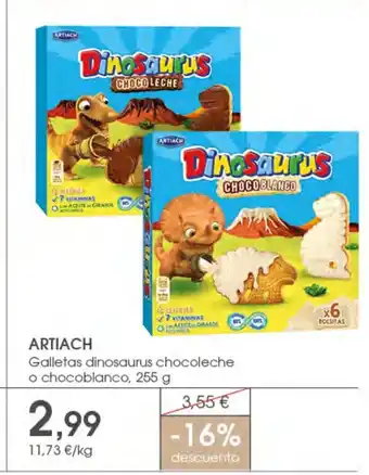Supermercados Plaza ARTIACH Galletas dinosaurus chocoleche o chocoblanco oferta