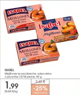 Supermercados Plaza ISABEL Mejillones es escabeche, salsa vieira o picantes 13/18 piezas oferta