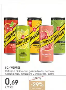 Supermercados Plaza SCHWEPPES Refresco cítrico con gas de limón, pomelo, naranja zero, citrus zero y limón zero oferta
