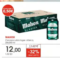 Supermercados Plaza MAHOU Cerveza rubia lager clásica, oferta