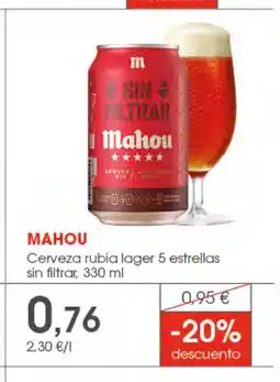 Supermercados Plaza MAHOU Cerveza rubia lager 5 estrellas sin filtrar oferta