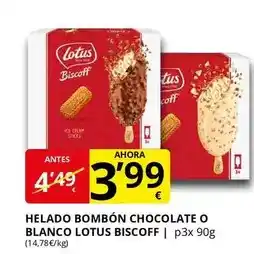 Supermercados MAS Lotus - helado bombón chocolate o blanco biscoff oferta