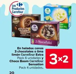 Carrefour En helados conos 3 chocolates o lima limón Carrefour Extra Pack 6 unidades y Choco Boom Carrefour Sensation oferta