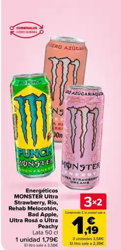 Carrefour MONSTER Energéticos Ultra Strawberry, Rio, Rehab Melocotón, Bad Apple, Ultra Rosá o Ultra oferta