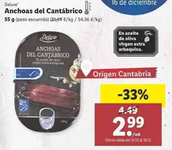 Lidl Deluxe Anchoas del Cantábrico 55g oferta