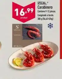 ALDI 16,99 special carabinero contiene 9-12 piezas congelado a bordo. 300 g 156,43 €/kg unidad s * oferta