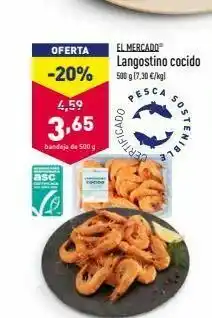 ALDI Oferta -20% el mercado langostino cocido 500 g17.30 6/9) 4,59 sos 3,65 rtificado nib bandeja de 500 g asc oferta