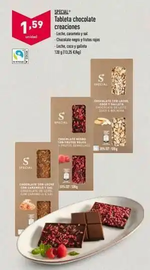 ALDI 1,59 special tableta chocolate creaciones -leche, caramelo y sal - chocolate negro y frutos rojos -leche, coca y galleta 120 oferta