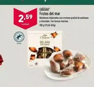ALDI 2,59 chateau frutos del mar bombones elaborados con cremoso praline de avellanas y chocolate. con formas marinas 250 g/10,36 oferta