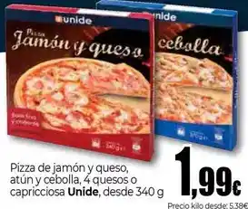 Unide Market Unide - pizza de jamon y queso, atún y cebolla, 4 quesos o capricciosa oferta