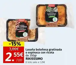 Maskom Supermercados Rikisssimo - lasaña boloñesa gratinada o espinaca con ricota oferta