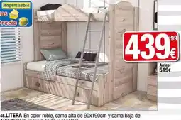 Rapimueble Mas - 48 litera en color roble, cama alta de 90x190cm y cama baja de oferta
