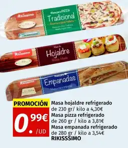 Maskom Supermercados RIKISSSIMO Massa para empadas Masa hojaldre refrigerado Masa pizza refrigerado oferta