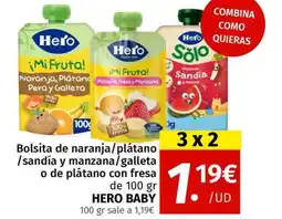 Maskom Supermercados HERO BABY Bolsita de naranja/plátano /sandía y manzana/galleta o de plátano con fresa oferta