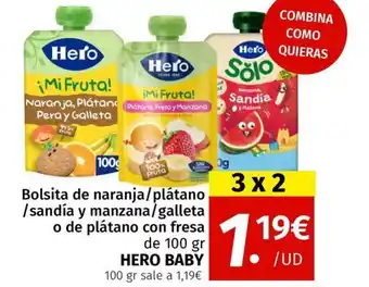 Maskom Supermercados HERO BABY Bolsita de naranja/plátano /sandía y manzana/galleta o de plátano con fresa oferta