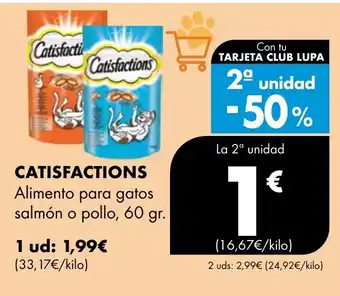 Supermercados Lupa CATISFACTIONS Alimento para gatos salmón o pollo oferta