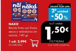 Supermercados Lupa NAKD Barrita fruta con frutos secos y arándanos sin azúcar oferta