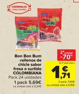 Carrefour COLOMBIANA Bon Bon Bum rellenos de chicle sabor fresa o surtido oferta