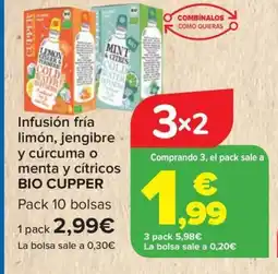 Carrefour BIO CUPPER Infusión fría limón, jengibre y cúrcuma o menta y cítricos oferta