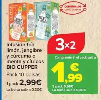 Carrefour BIO CUPPER Infusión fría limón, jengibre y cúrcuma o menta y cítricos oferta