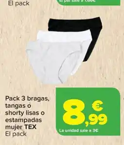 Carrefour TEX Pack 3 bragas, tangas o shorty lisas o estampadas mujer oferta