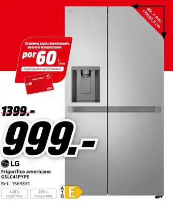 MediaMarkt LG Frigorífico americano GSLC41PYPE oferta