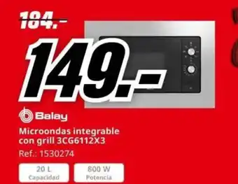 MediaMarkt BALAY Microondas integrable con grill 3CG6112X3 oferta