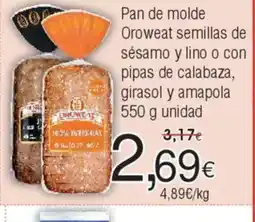 FROIZ Pan de molde Oroweat semillas de sésamo y lino o con pipas de calabaza, girasol y amapola oferta