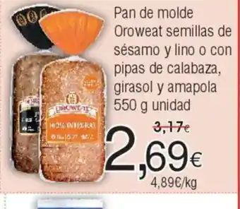 FROIZ Pan de molde Oroweat semillas de sésamo y lino o con pipas de calabaza, girasol y amapola oferta