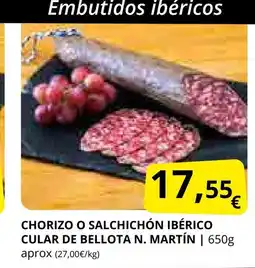 Supermercados MAS Chorizo o salchichón ibérico cular de bellota n. martín oferta