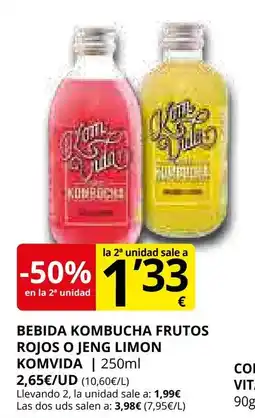 Supermercados MAS KOMVIDA Bebida kombucha frutos rojos o jeng limon oferta