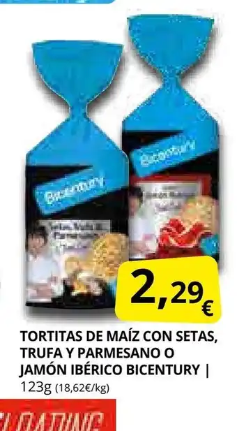 Supermercados MAS BICENTURY Tortitas de maíz con setas, trufa y parmesano o jamón ibérico oferta